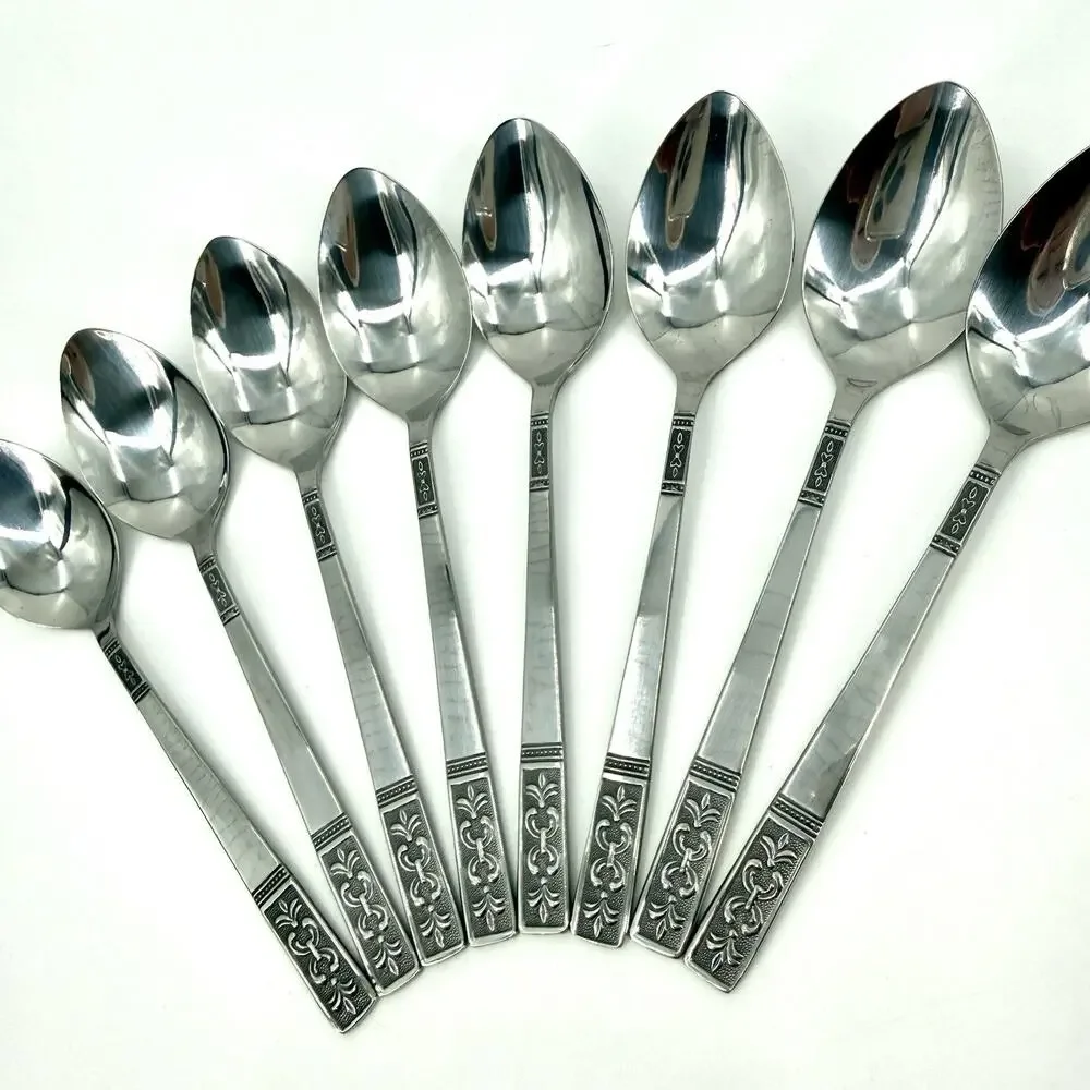 Customcraft Set~8 Stainless Teaspoons CUS3 Taiwan Flatware Silver/Black Accent